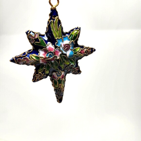 Cloisonne Star Ornament Christmas Discovery Store Blue Floral 3.5 inch Tag - Picture 8 of 8